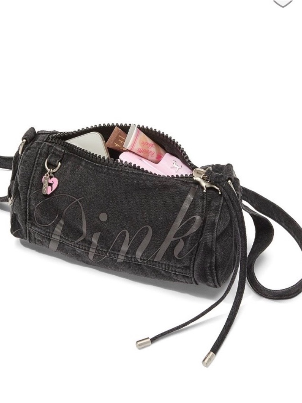 Victoria's Secret Black Barrel Crossbody with Pink Heart Charm